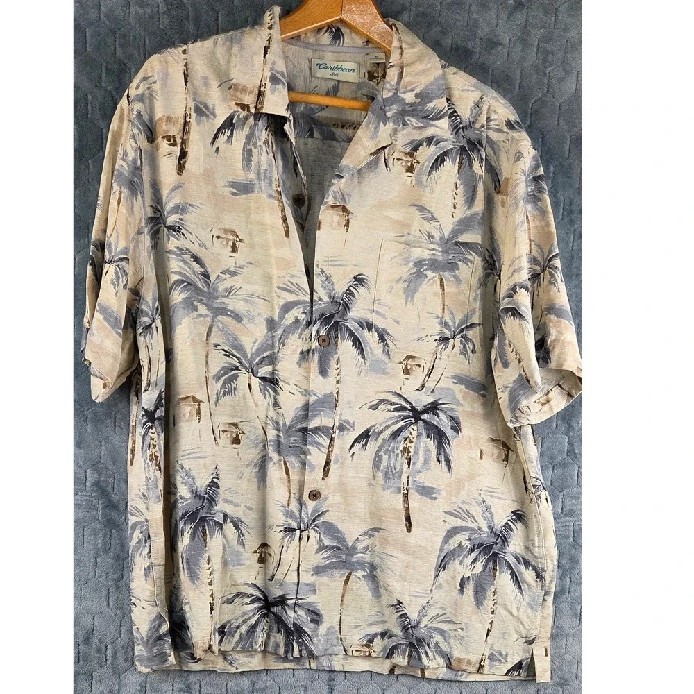 Caribbean Silk Mens XL Tropical Palm Tree Print Short Sleeve Button Down Shirt